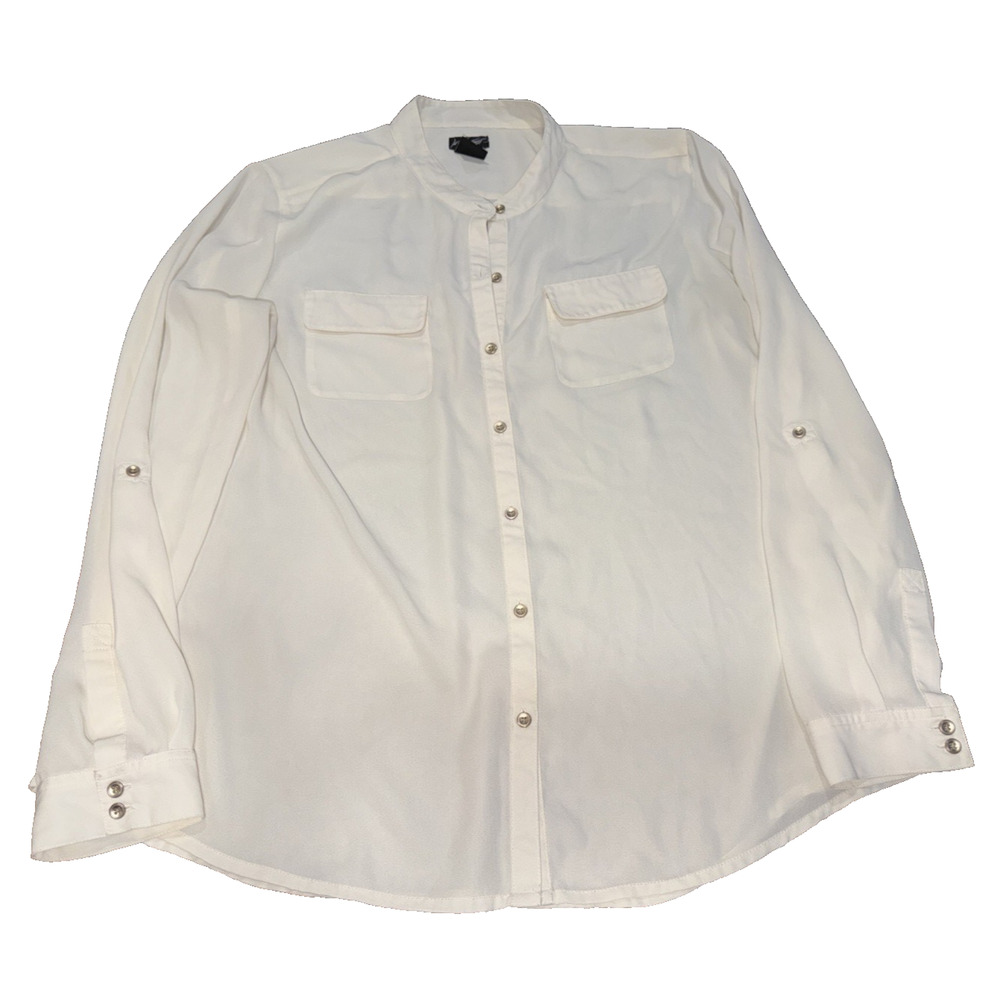 Lord & Taylor White Button Front Shirt XL Roll Tab Sleeves Mandarin Collar